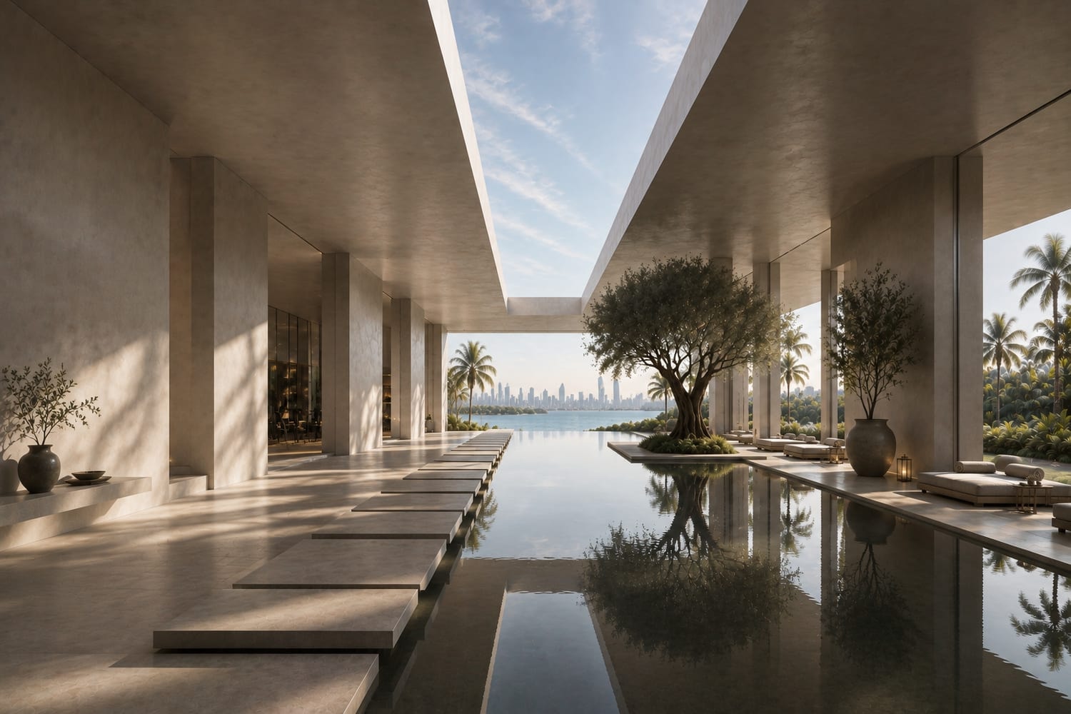 A seamless mineral surface detailed into an architectural interior