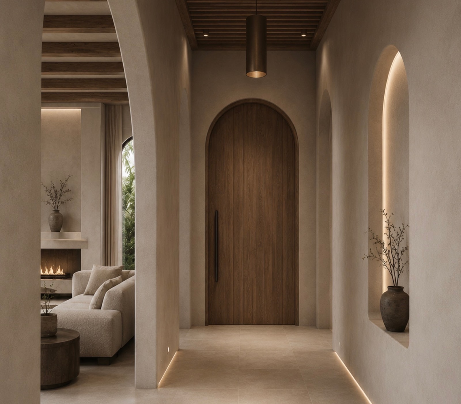 A close view of a hand-troweled ochre lime-plaster wall.