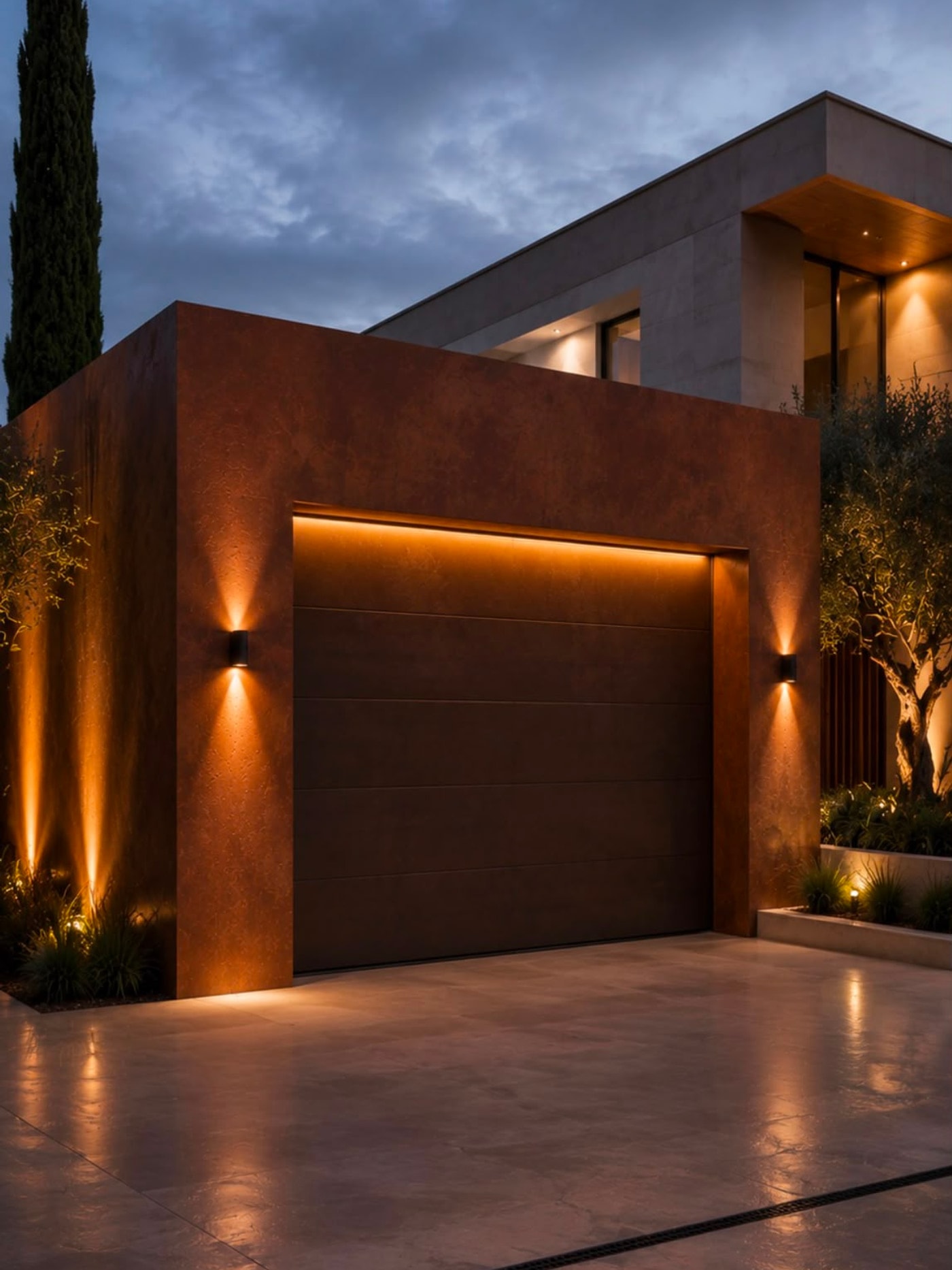 A wall in an oxidised copper-verdigris metallic finish.